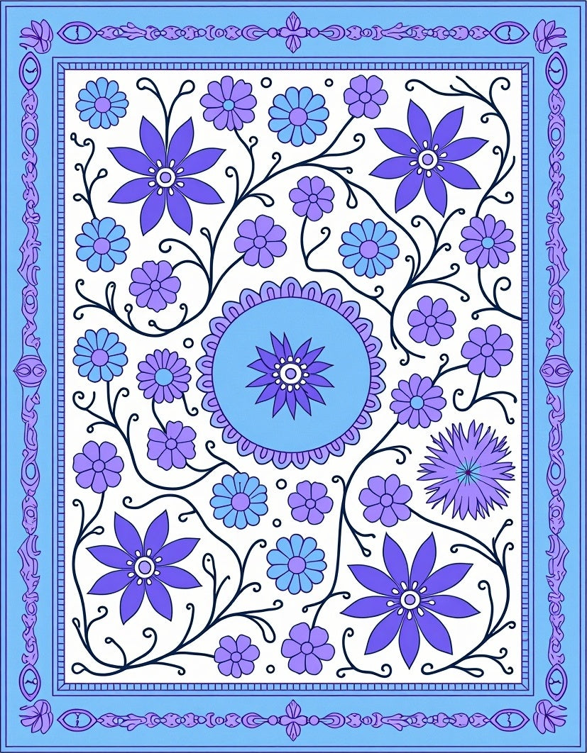 Whimsical Floral Pattern With Decorative Border Rug