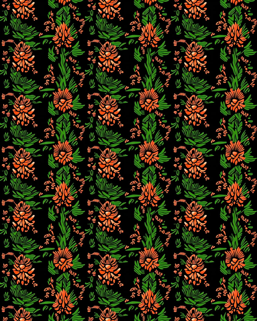 Ornate Orange Floral Green Garden Rug