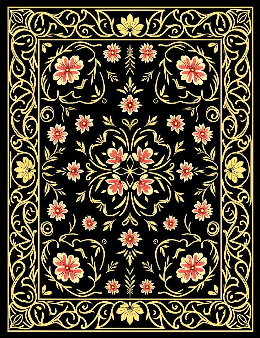 Black Floral Swirls And Vines Rug