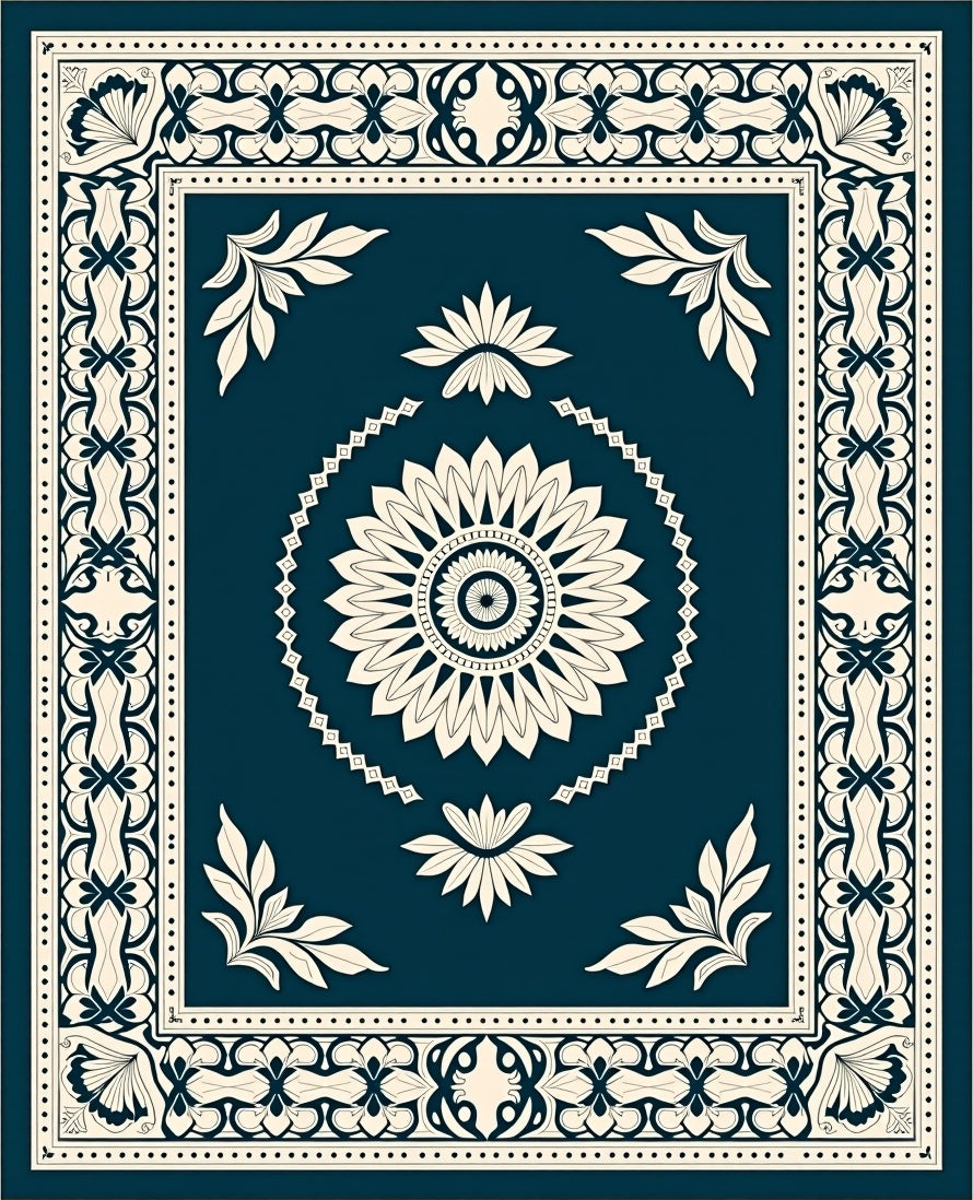Intricate Floral Medallion Border Design Rug
