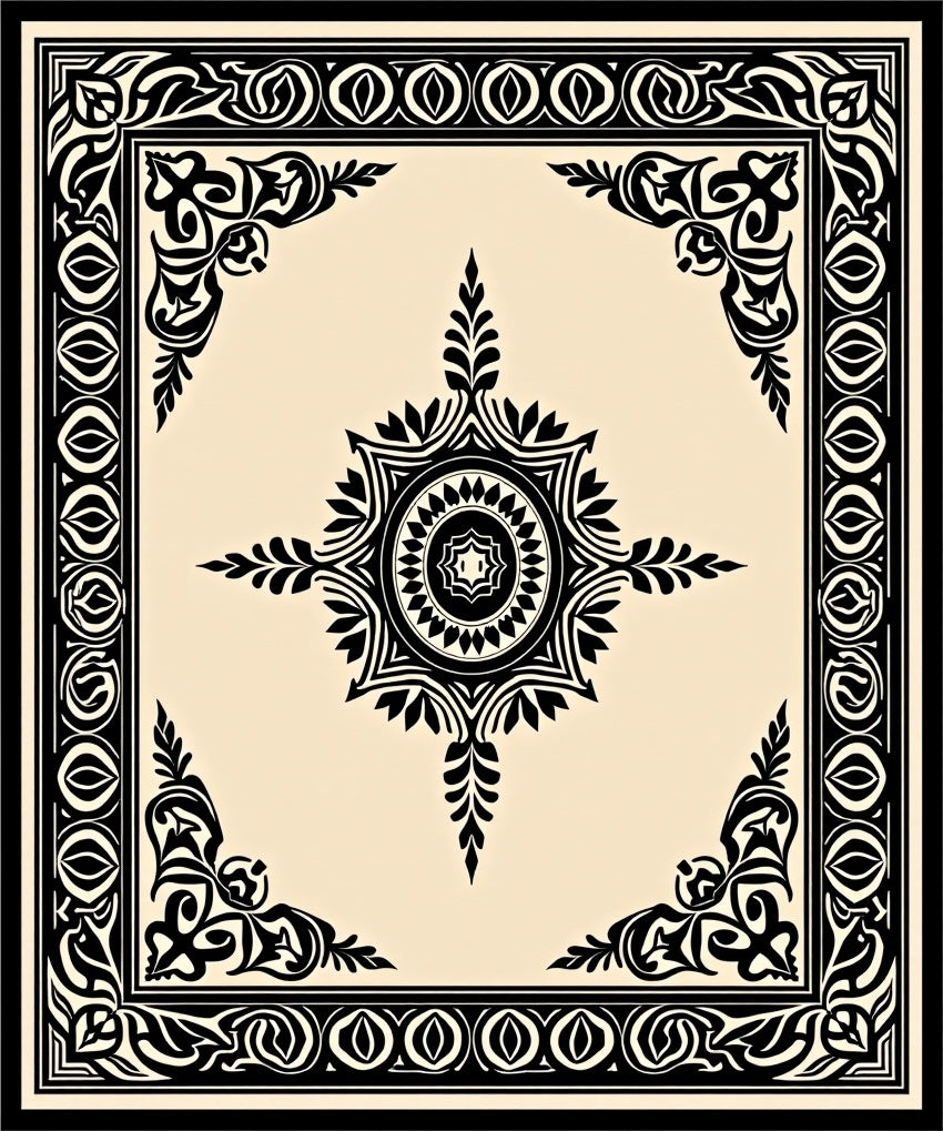 Elegant Black Cream Medallion Design Rug