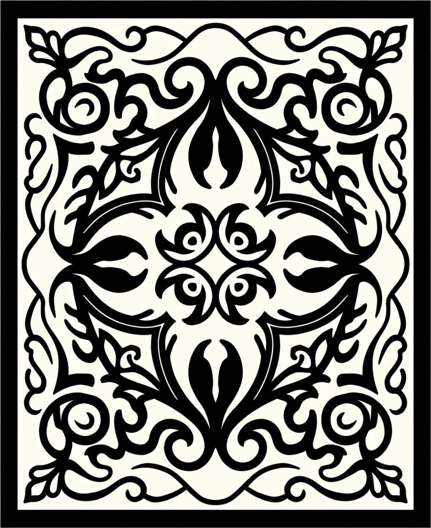 Black White Floral Scroll Work Rug
