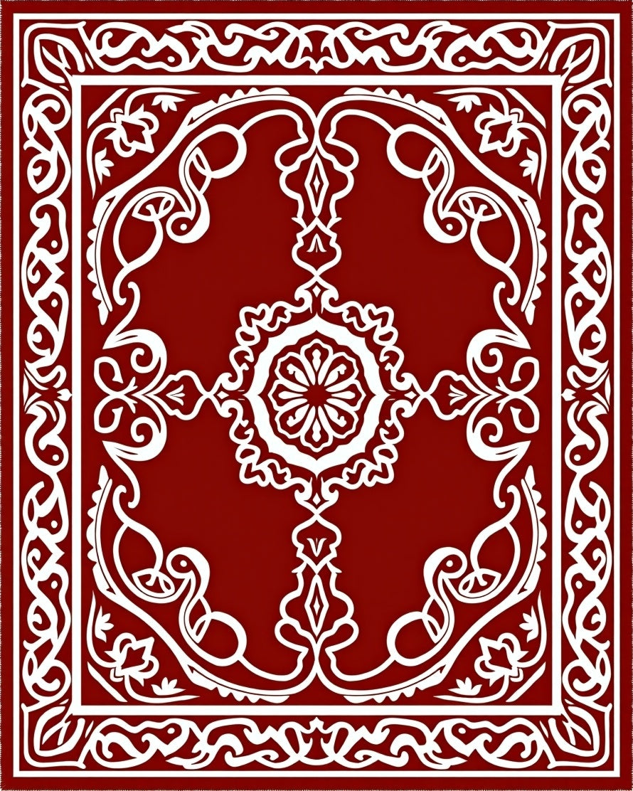 Intricate White Floral Scrollwork Red Rug