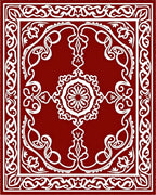 Intricate White Floral Scrollwork Red Rug