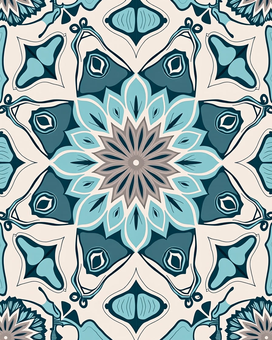 Marine Blue Geometric Flower Pattern Rug