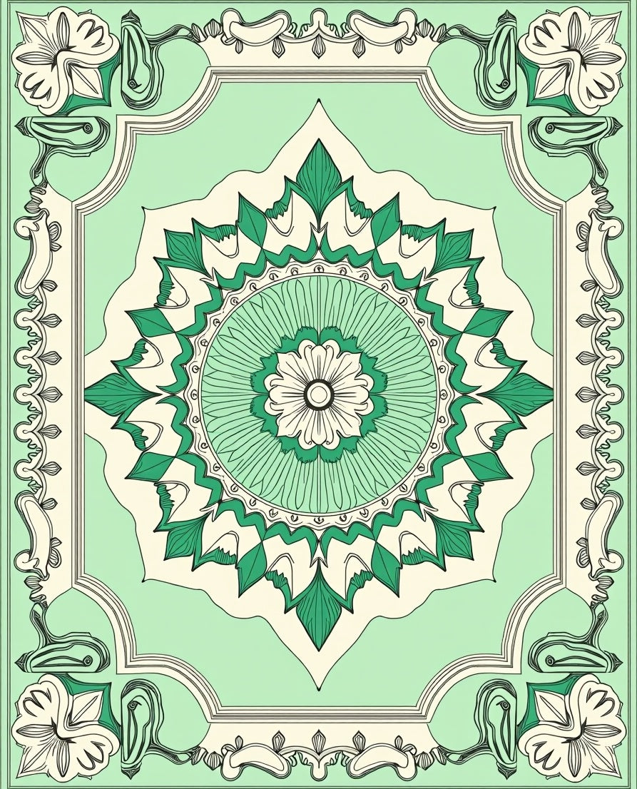 Green Floral Medallion Border Design Rug