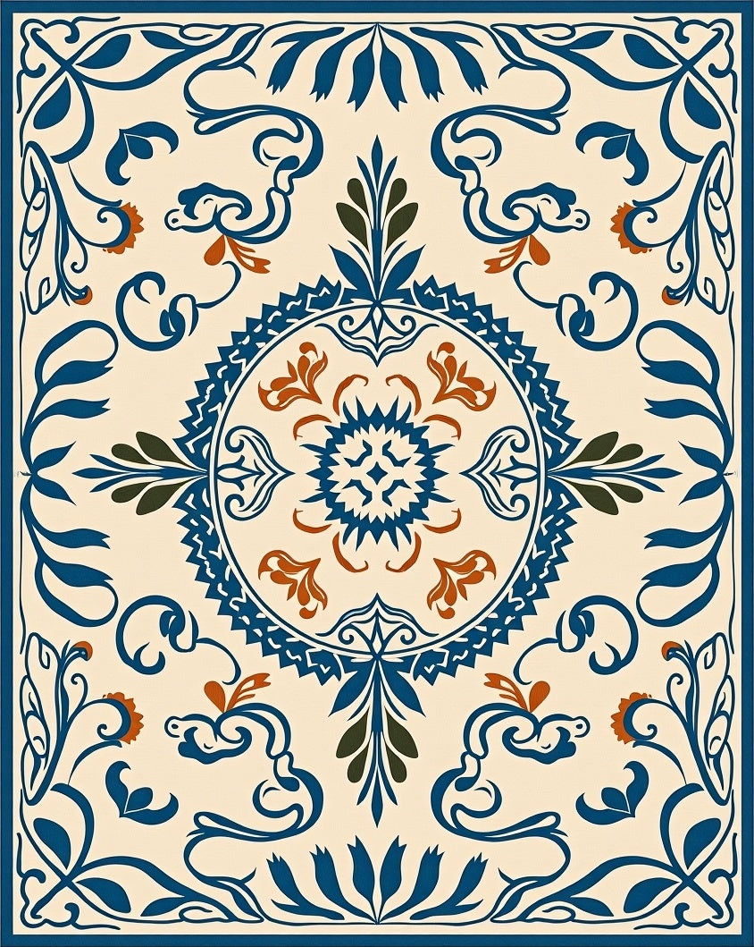 Ornate Blue and Orange Floral Medallion Rug