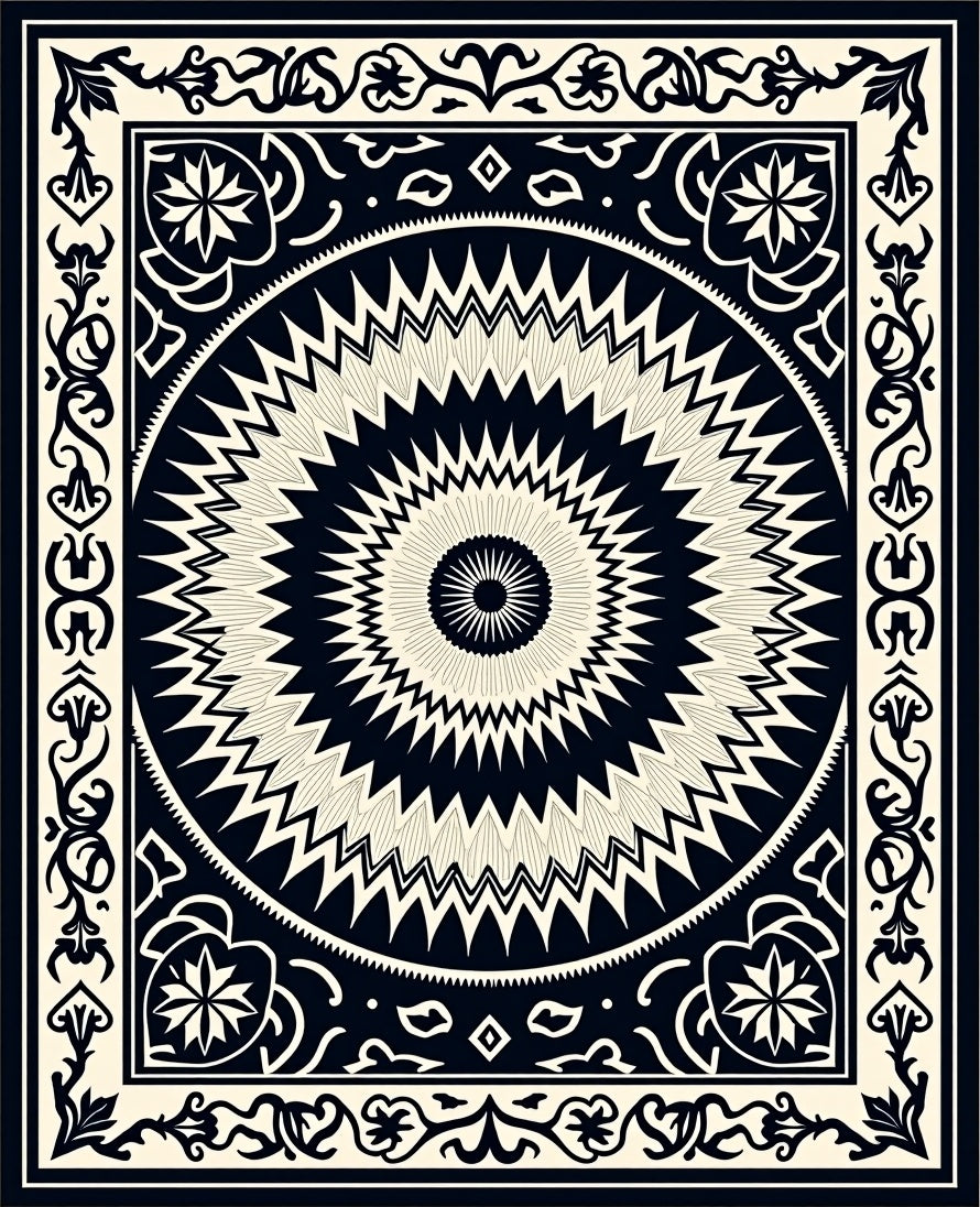 Black Cream Radial Sunburst Design Rug