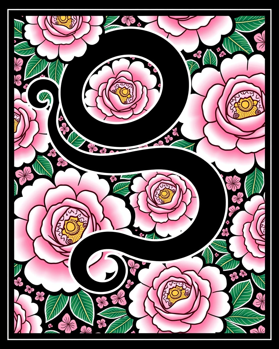 Bold Floral Swirl Pink Black Rug