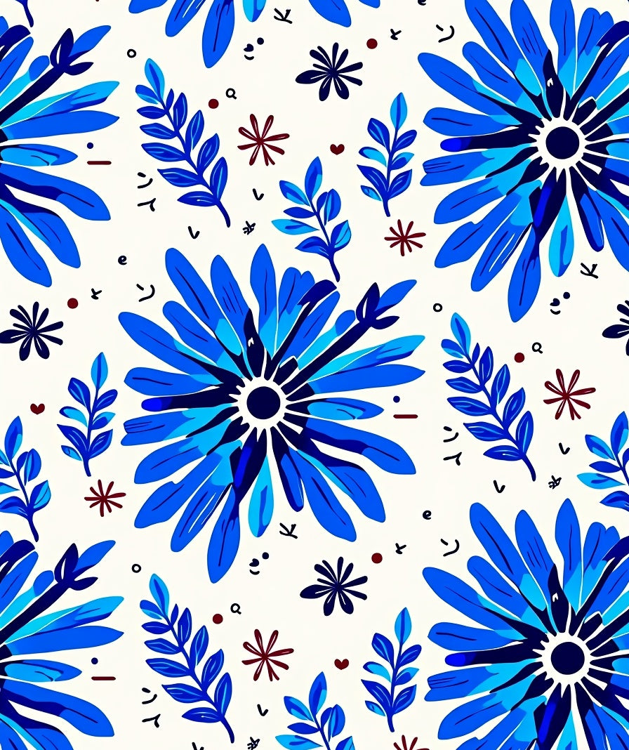 Vibrant Blue Floral Branch Pattern Rug