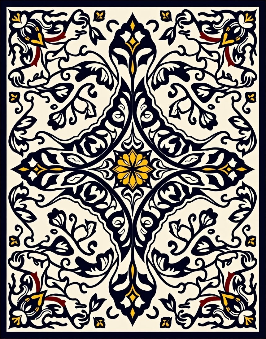 Elegant Black Yellow Floral Motif Rug