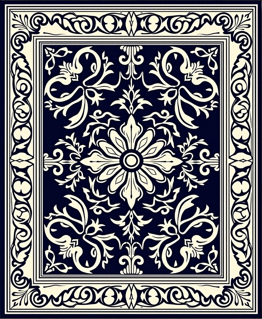 Classic Floral Scroll Navy Cream Rug