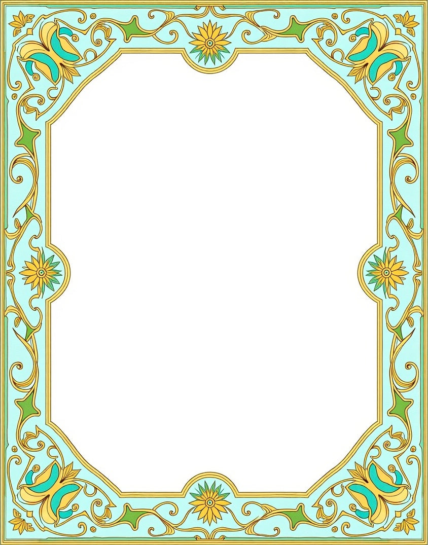 Art Nouveau Floral Yellow Teal Border Rug