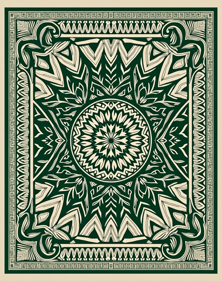 Deep Green Intricate Mandala And Floral Rug