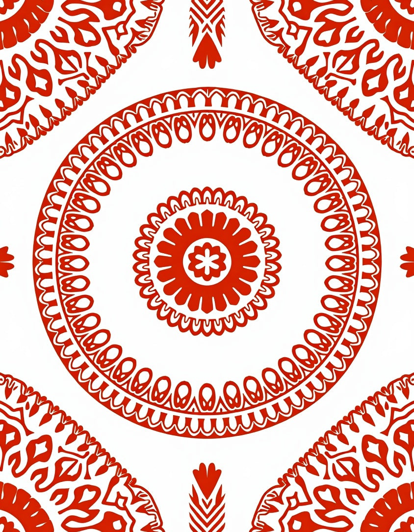 Red Circular Folk Pattern Rug