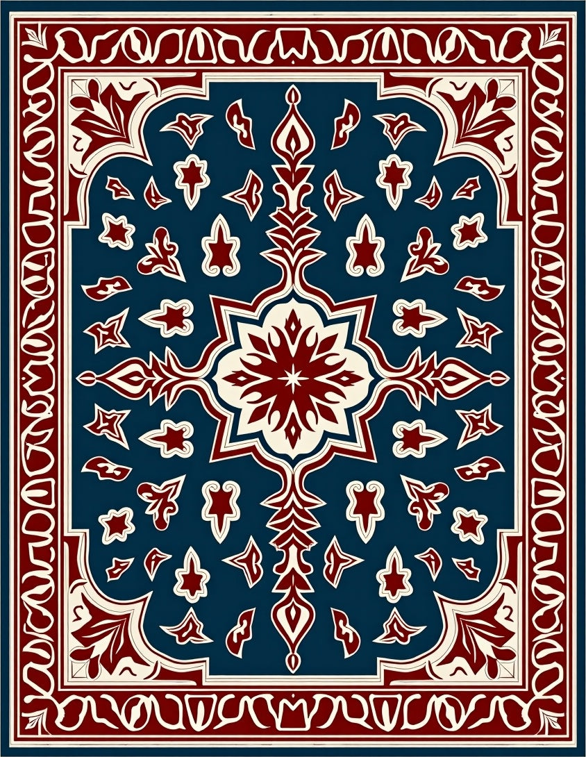 Deep Blue Red Floral Medallion Rug