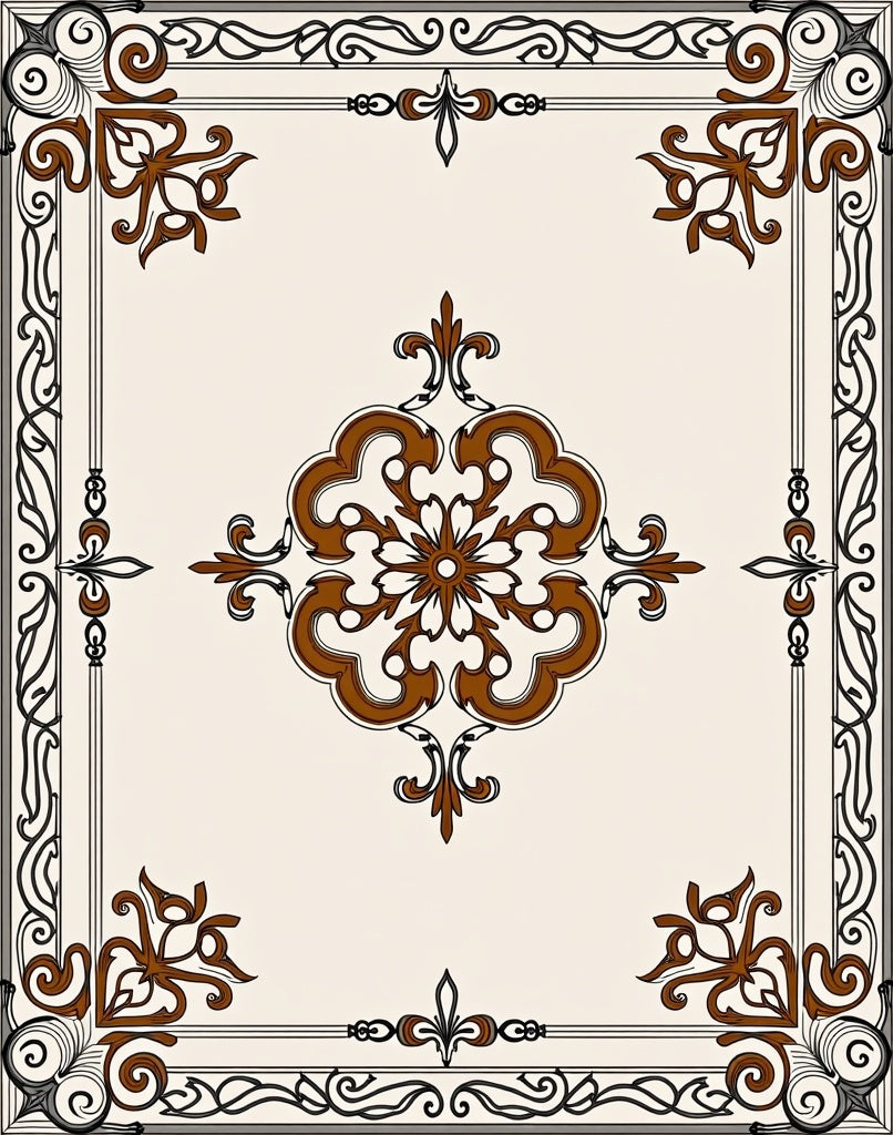 Ornate Brown Cream Scrollwork Rug