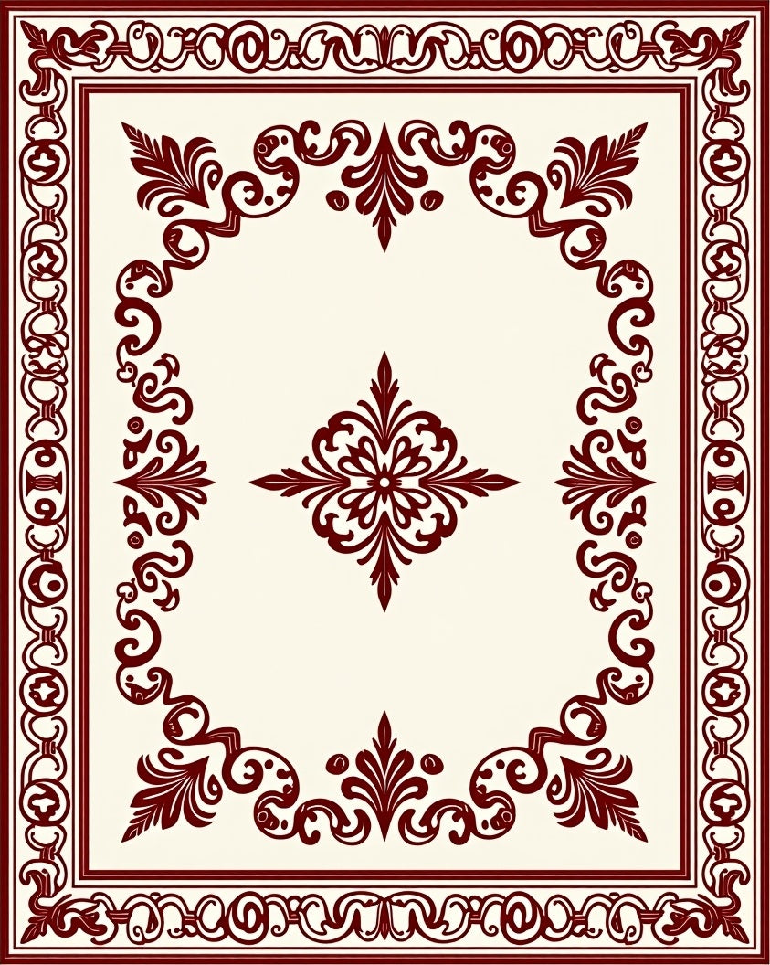 Ornate Dark Red Floral Border Design Rug