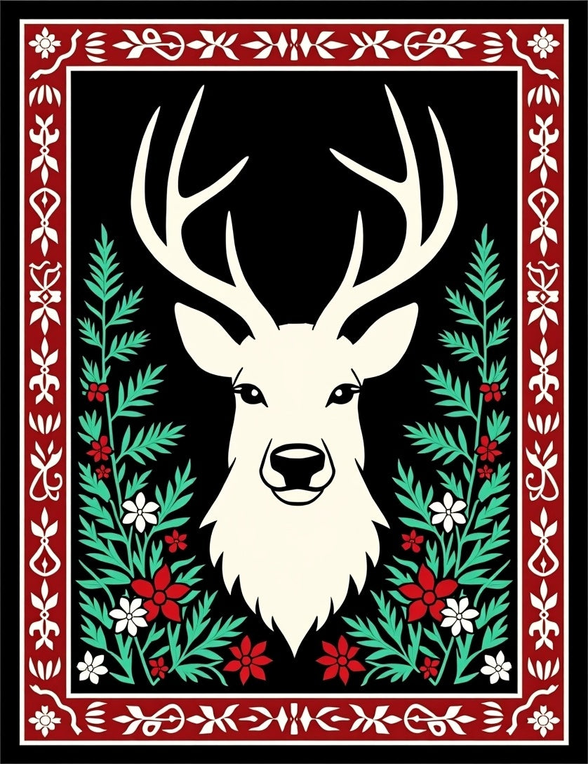 White Stag Red Floral Border Rug