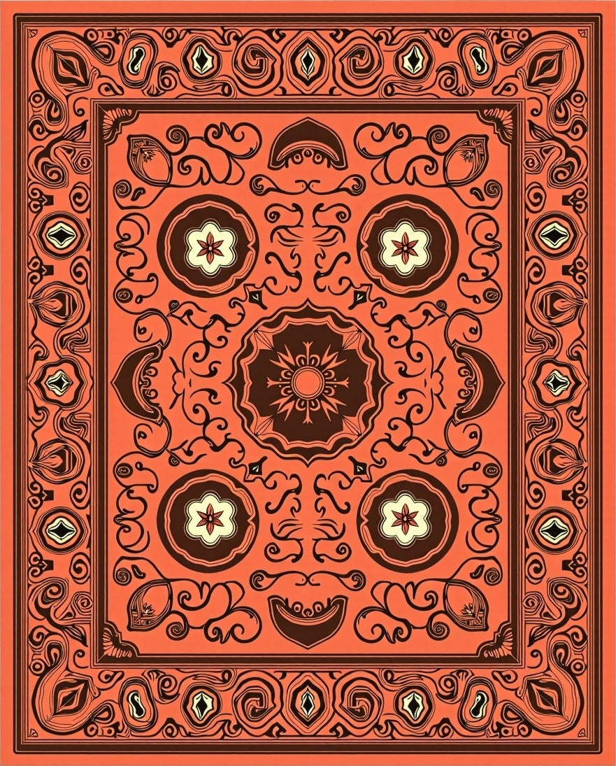 Ornate Coral And Brown Floral Rug