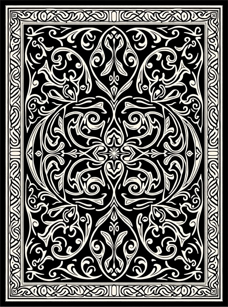 Intricate Black Cream Scrollwork Pattern Rug