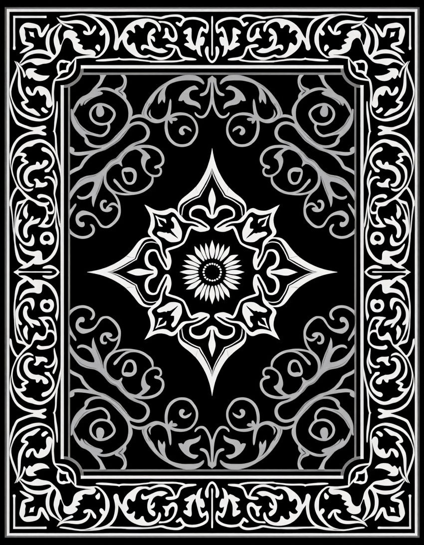 Monochromatic Ornate Floral Medallion Rug