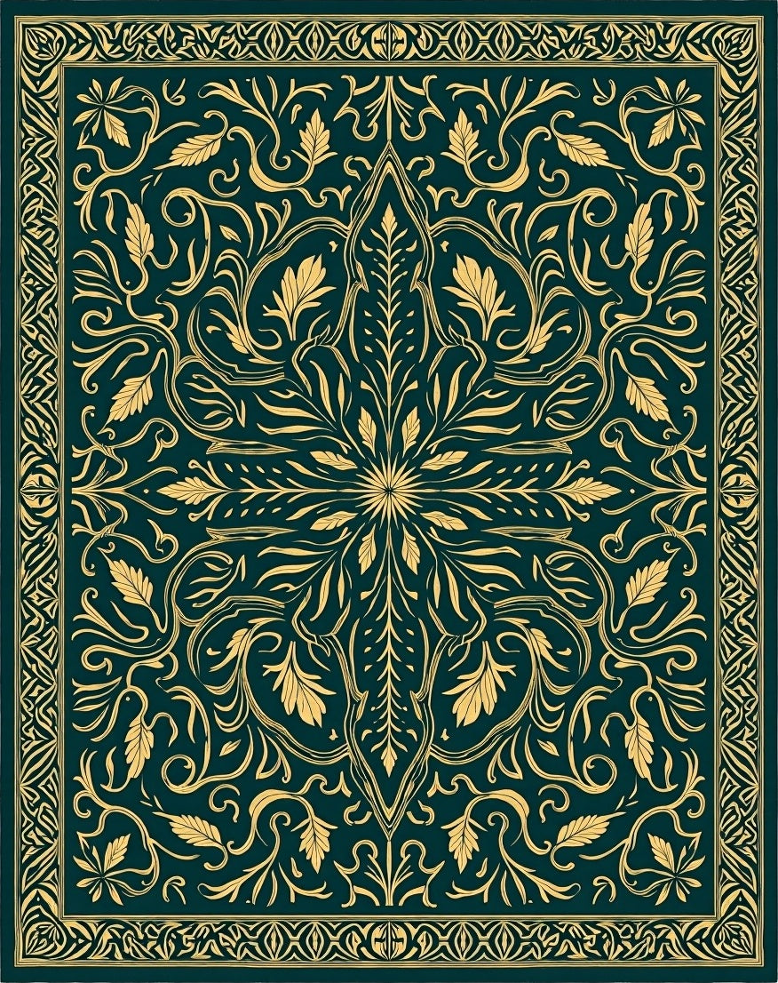 Deep Teal Gold Floral Mandala Rug