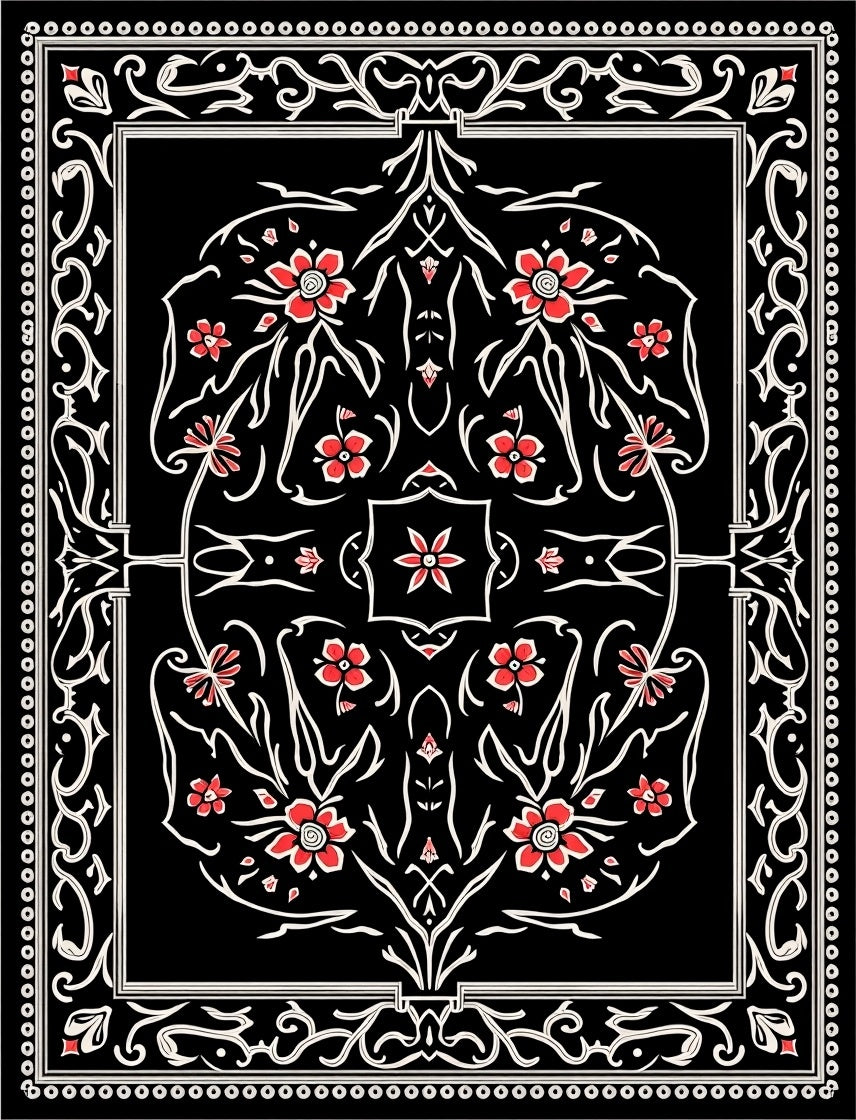 Black Art Nouveau Floral Design Rug