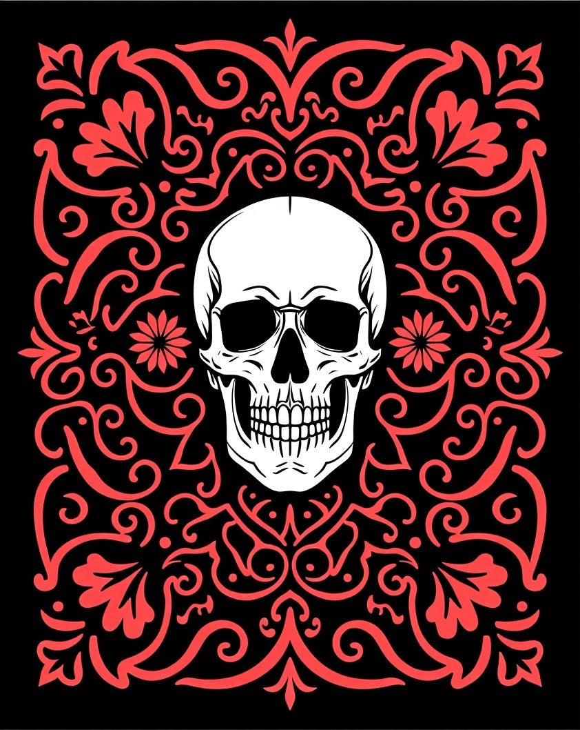 Crimson Skull Rococo Scrollwork Rug