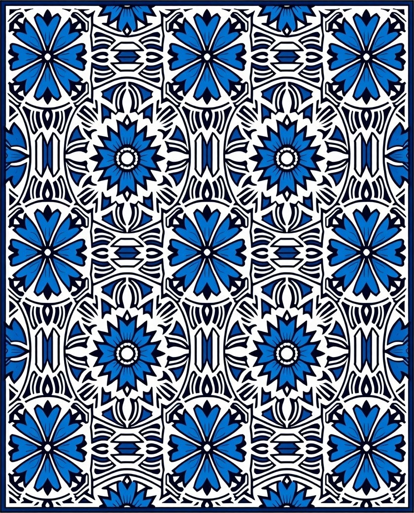 Blue Tiled Floral Geometric Pattern Rug