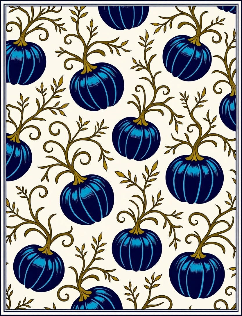 Deep Blue Pumpkin Vine Pattern Rug