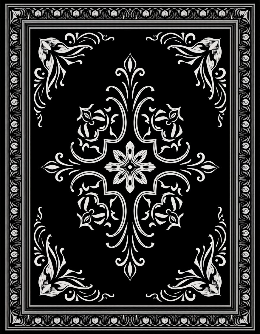Classic Black White Floral Damask Pattern Rug
