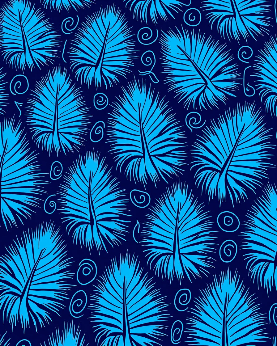 Bold Blue Palm Leaf Swirl Pattern Rug