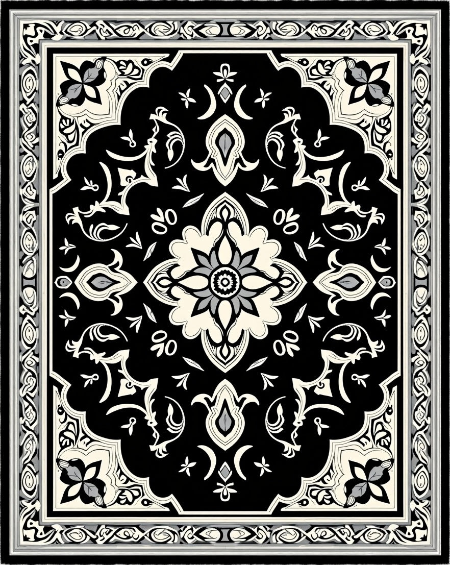 Classic Black Ivory Floral Medallion Rug