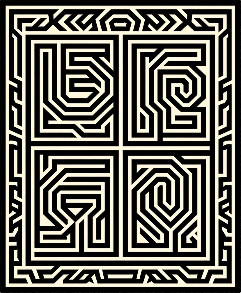 Abstract Black White Maze Design Rug