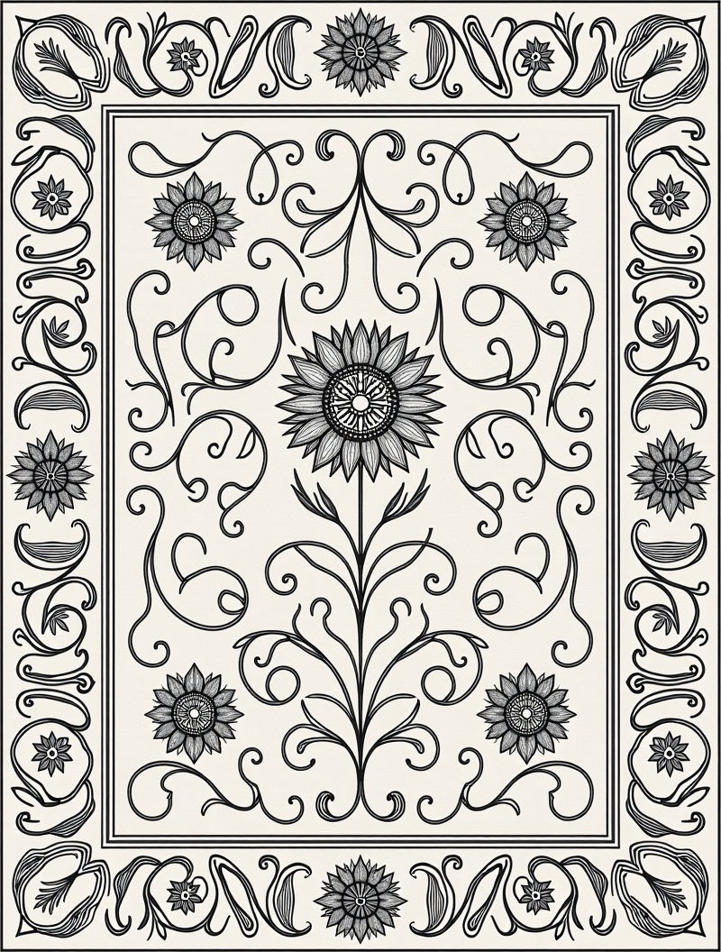 Floral Swirls With Sunflower Motif Rug