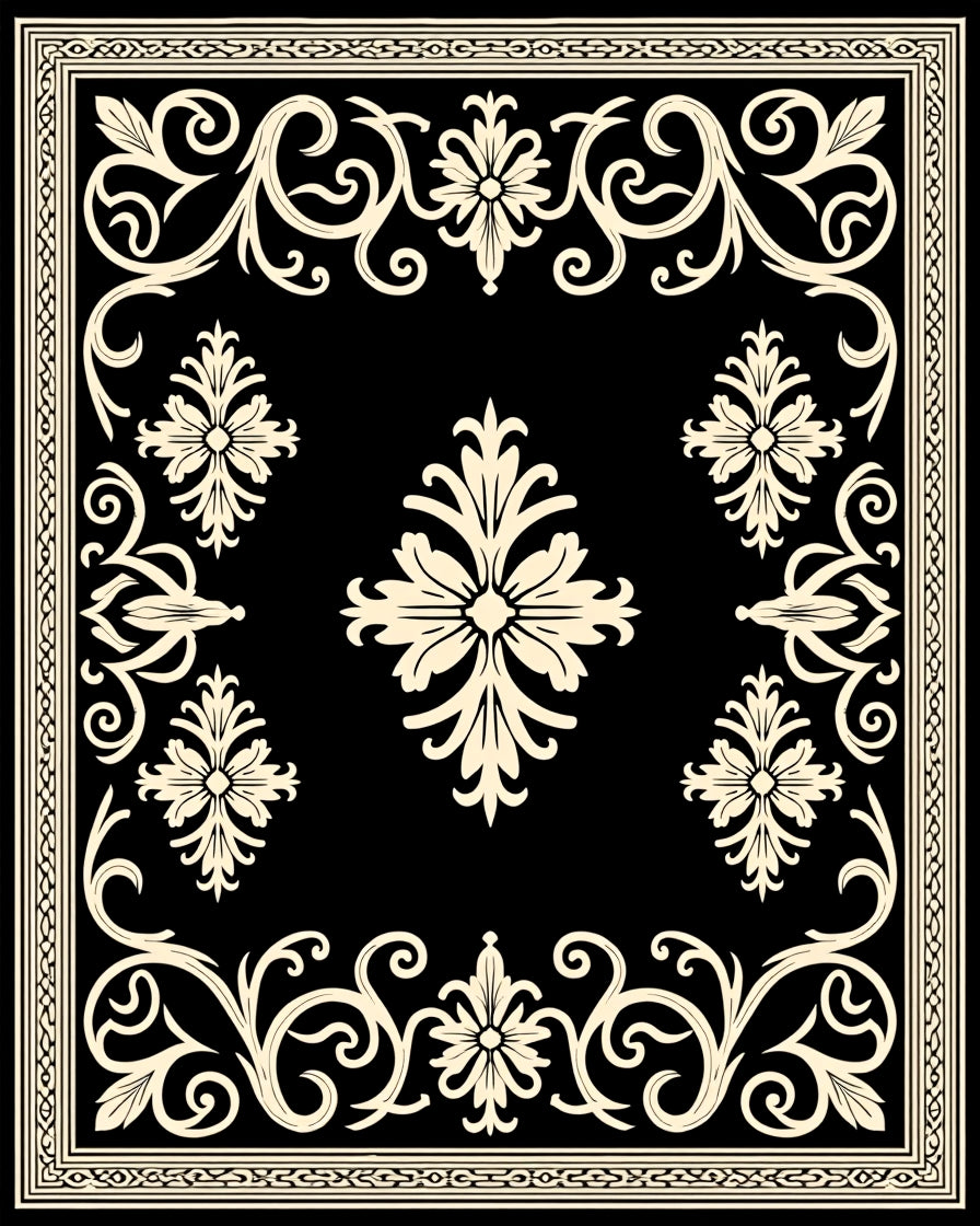 Elegant Black Floral Scrollwork Rug