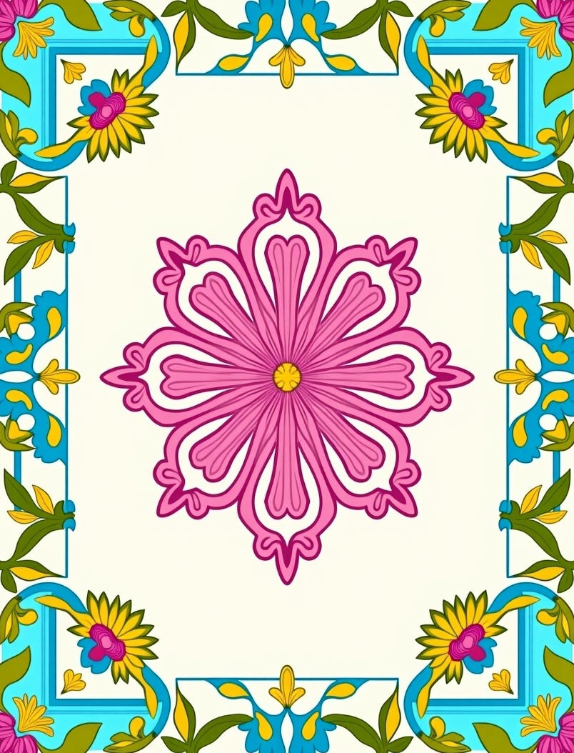 Ornate Floral Frame With Pink Centerpiece Rug
