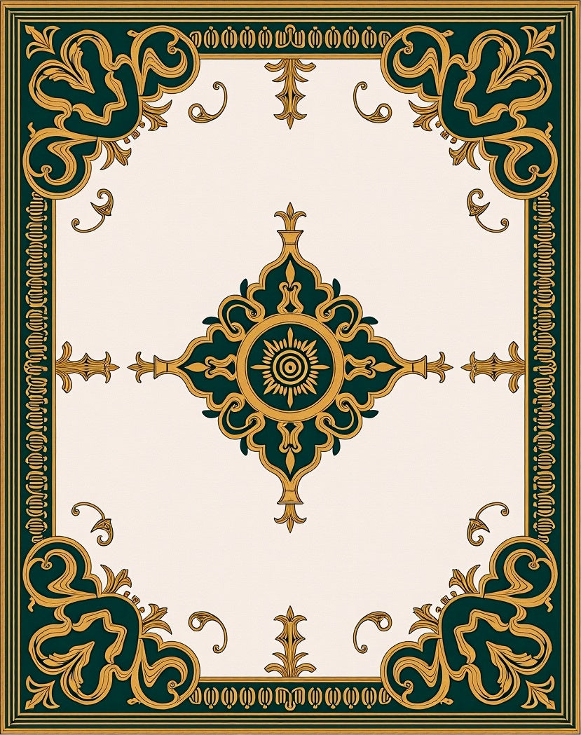 Ornate Teal Gold Scroll-Patterned Rug