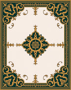 Ornate Teal Gold Scroll-Patterned Rug