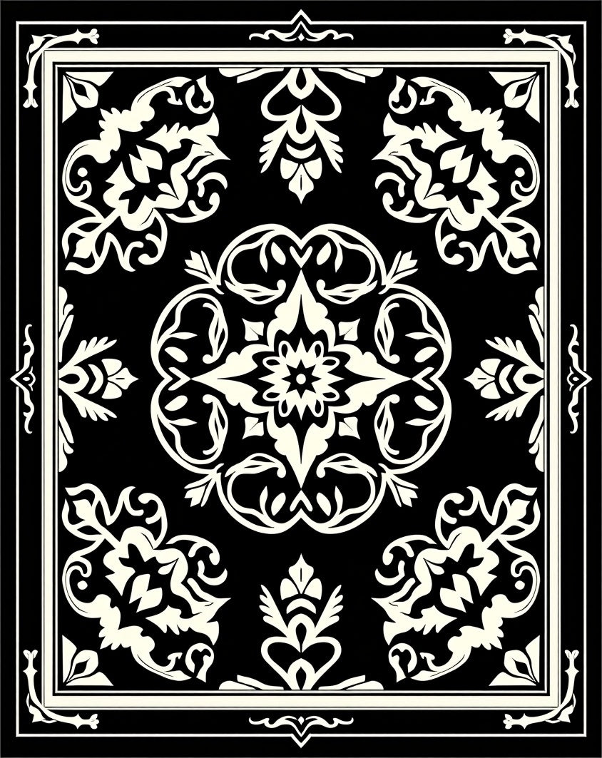 Ornate Black Cream Floral Medallion Rug