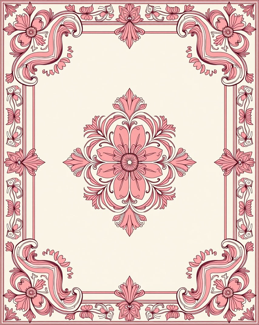 Ornate Floral Swirls Pink Ivory Design Rug