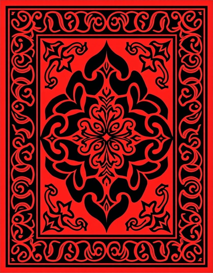Bold Red Black Floral Border Rug