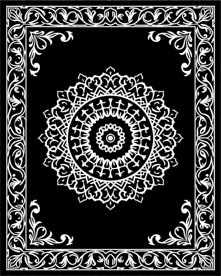 Black White Mandala Patterned Frame Rug