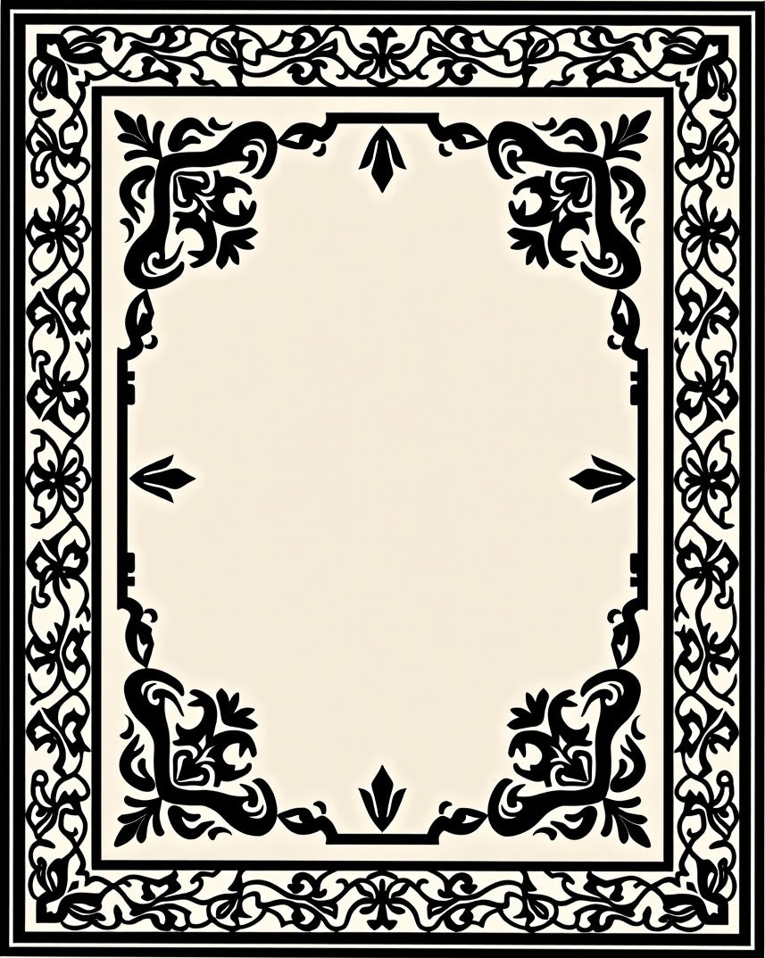 Black And White Ornate Floral Border Rug