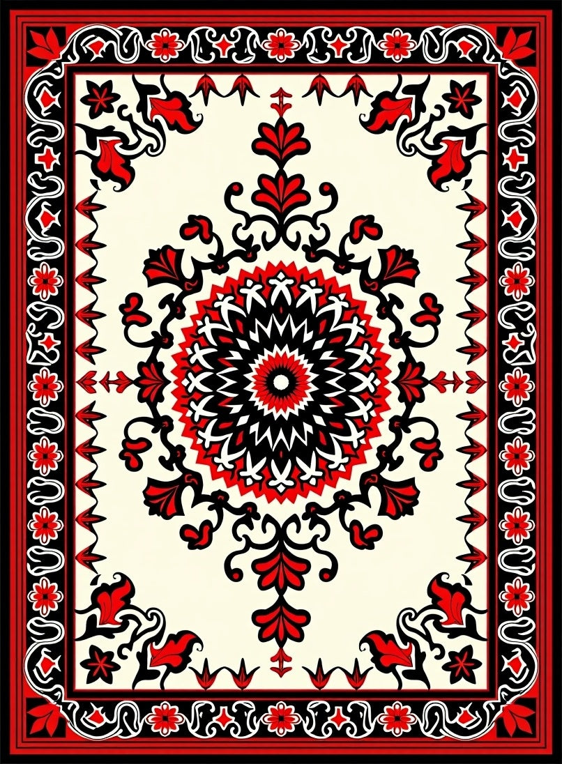 Intricate Red Black Mandala Floral Rug