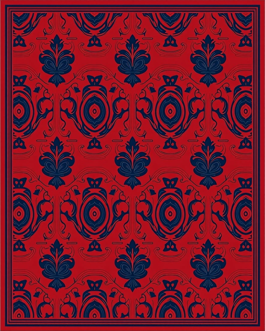 Red and Navy Floral Damask Design Rug