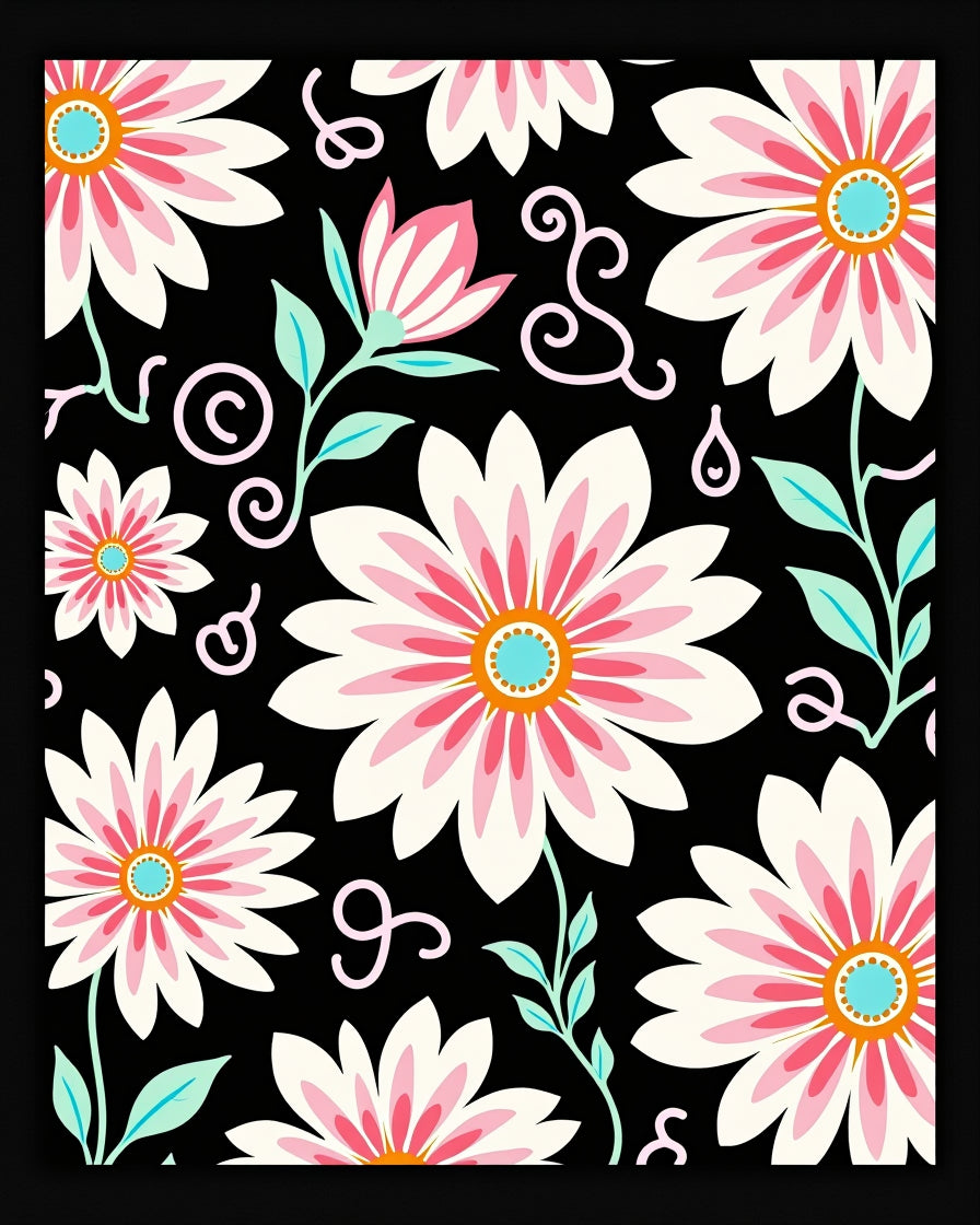 Bold Floral Pattern on Black Background Rug
