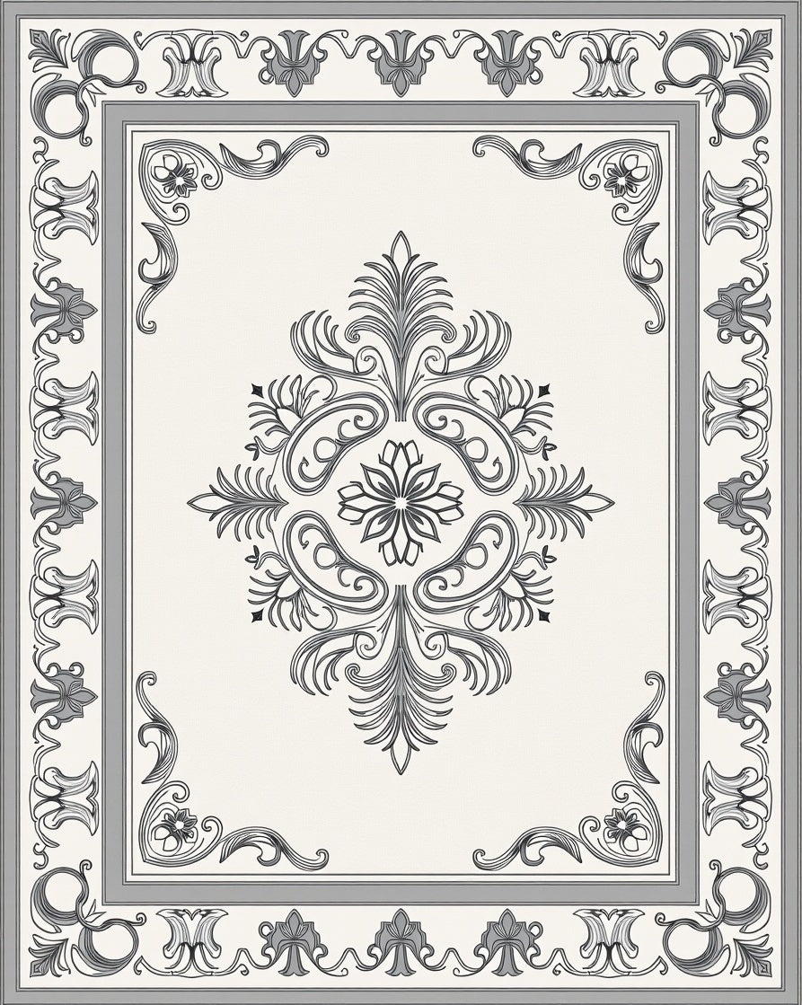 Ornate Floral Scrollwork Gray Rug