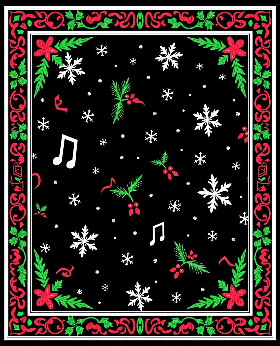 Festive Black Red Green Snowflake And Music Notes Rug